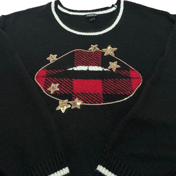 TORRID Oversized Festive Sparkle Holidays Sweater Gold Stars Sequins Lips Black - Picture 6 of 10
